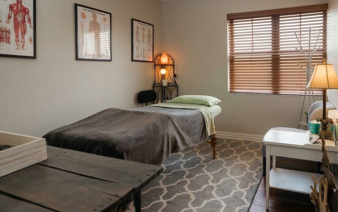 The treatment room at Natural State Bodywork, which has a massage table with blankets and a bolster on it, a shaded window, and various decorations.